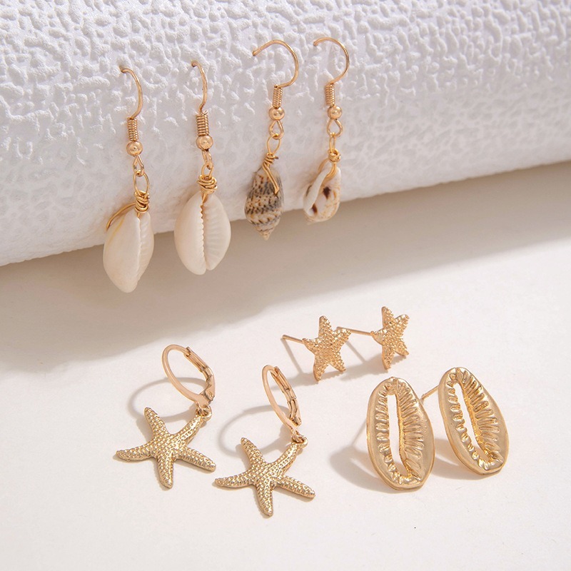 Beach style minimalist creative shell, star, conch, starfish, earrings, five pairs of exquisite accessories set