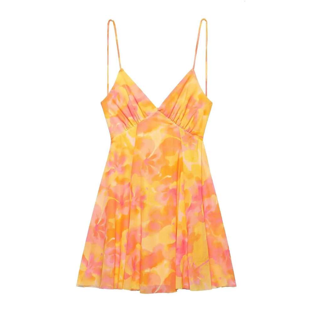 UNIZERA Women's Fashionable Slim Fit Printed Silk Mesh V-Neck Backless Camisole Temperament Summer New Dress