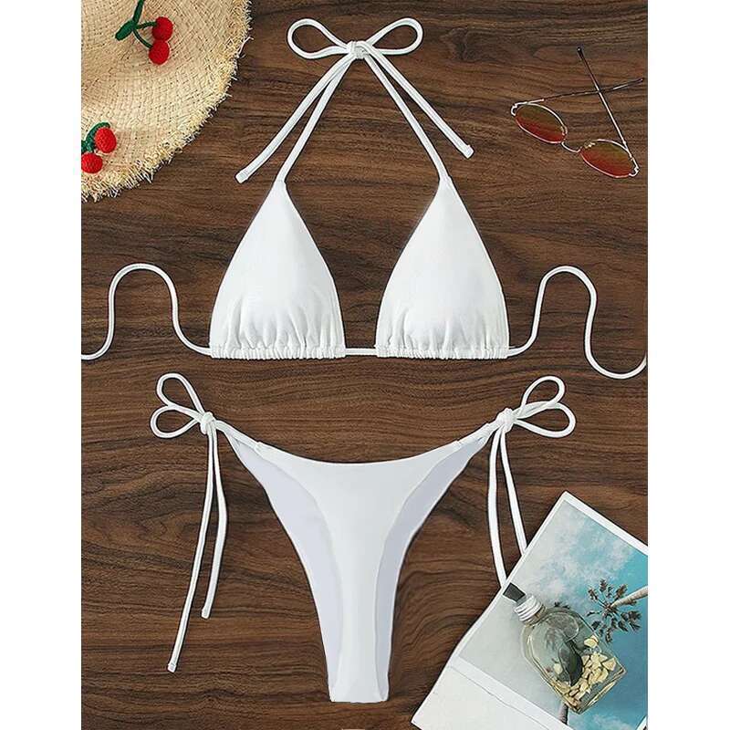 Beach Style Swimsuit for Women Sexy Halter Swimwear Solid Thong Female Set Bathing Suit Bikini Mujer Lingerie