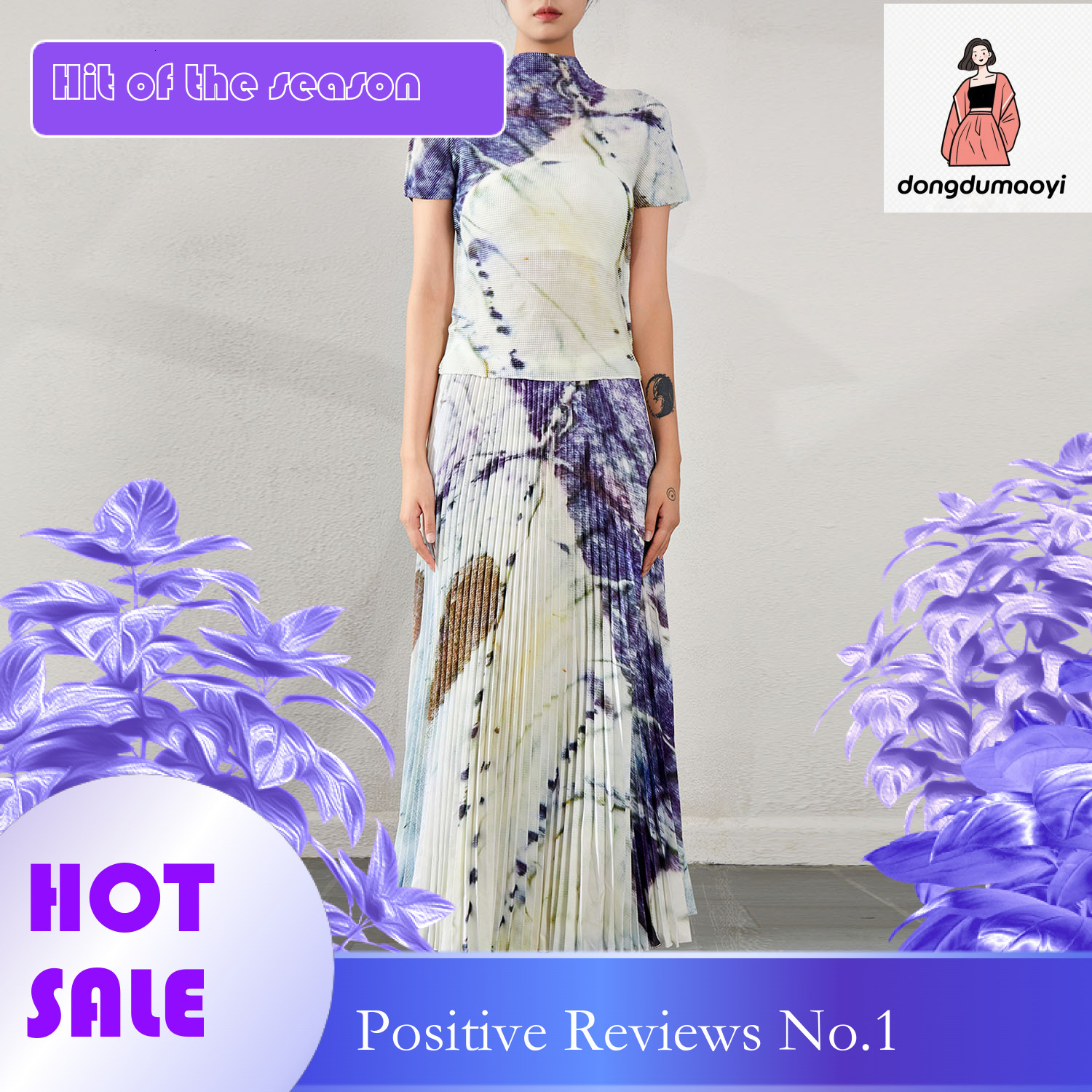 dongdumaoyi Miyake Fashion Printed Top Women's Summer Folded Short Sleeve T-shirt High Waist Slimming Half Body Skirt Two Piece Set Women