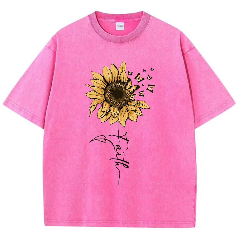 Sunflower And Butterfly Cotton Washed TShirt Women Prints Tops Summer ONeck Oversized T Shirts Vintage Black Woman Clothes 250514