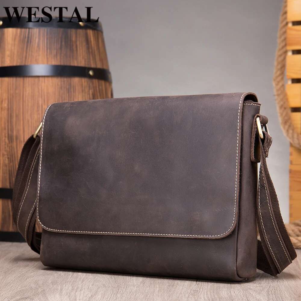 WESTAL 13inch Computer Crazy Horse Leather Men's Briefcases Laptop Bag Office for Men Cover Shoulder Messenger Bags