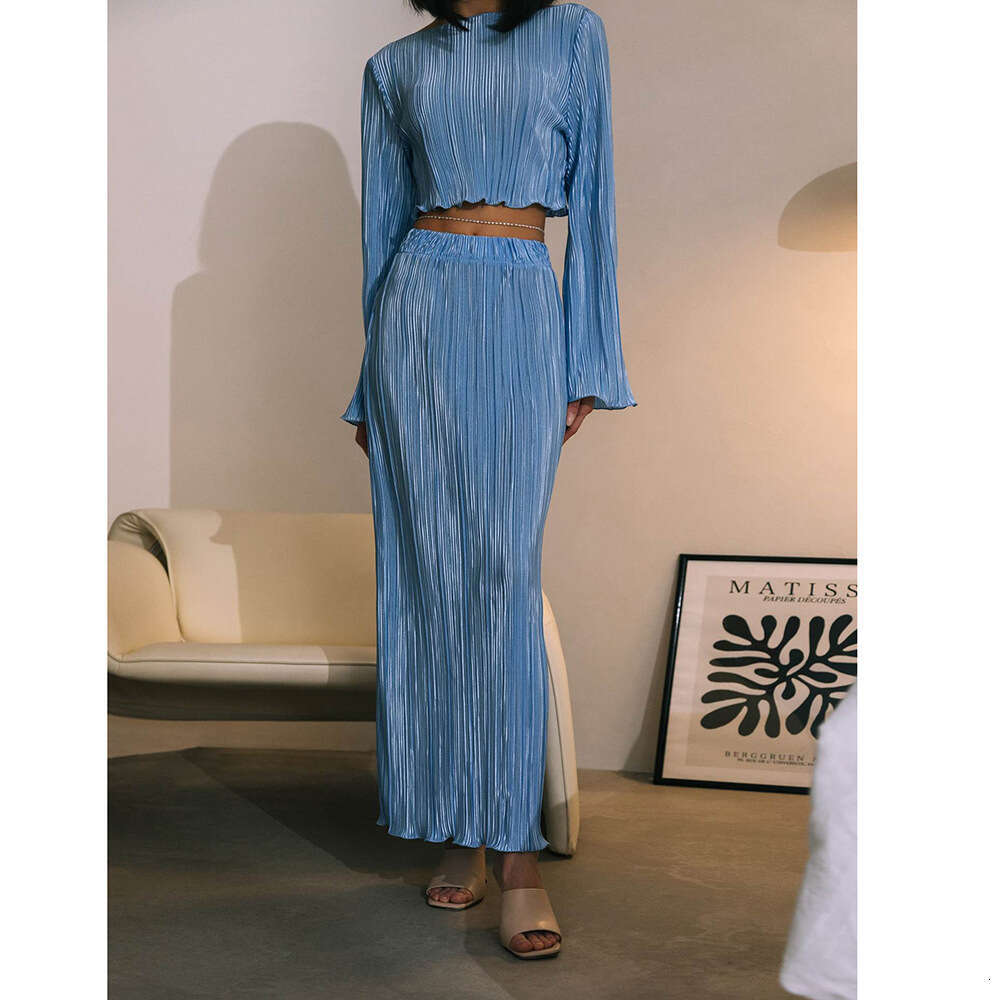 Women's Wear Women's Pleated For Spring/Summer With Flared Sleeves And Short Top+Mid Length Skirt Set