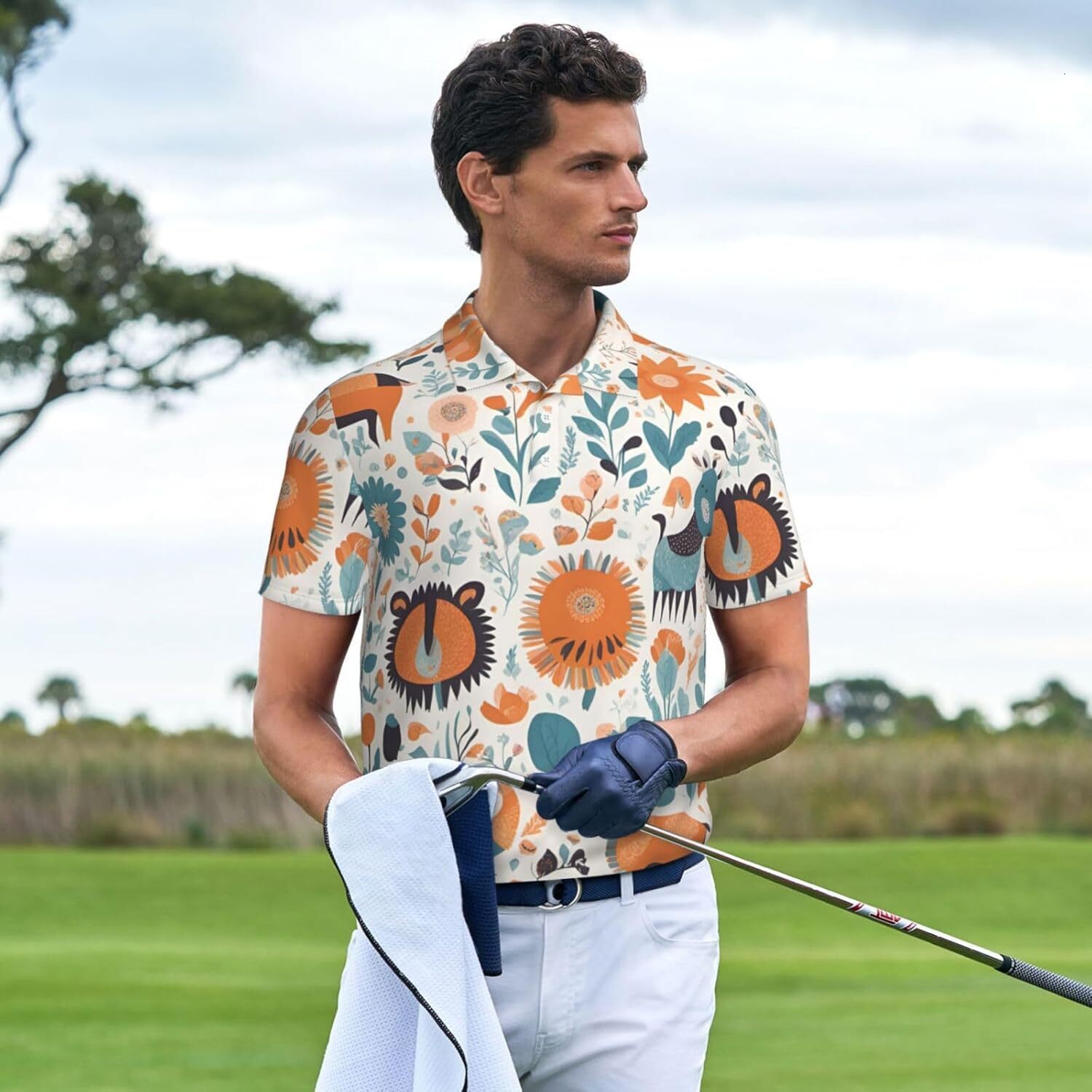 Mens Polo shirt Cute Floral Animal Pattern Mens Short Sleeve Polo Shirt, Performance Quick Dry Collared Shirt for Golf and Casual