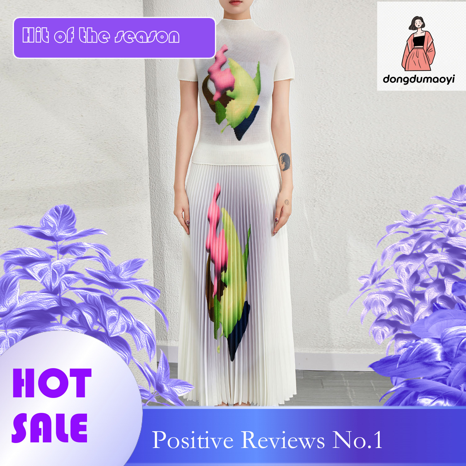 dongdumaoyi European high-end fashion casual pleated for women's 2024 summer new printed T-shirt, half skirt two-piece set