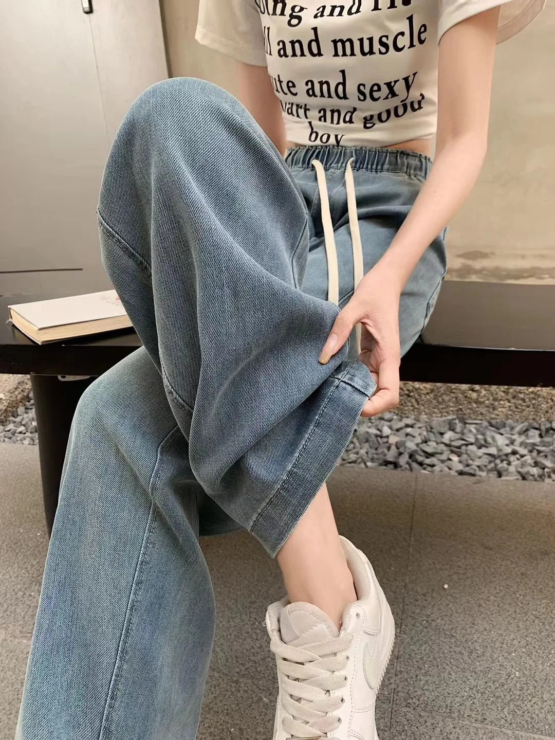 Silk Curved Washed Jeans Womens Summer High Waist Loose Wide Leg Denim Pant 250513