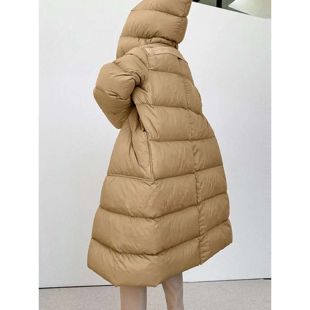 New White Duck Down Winter Puffer Jacket Women Solid Thick Warm Female Sashes Tie Up Over The Knee Coat Fashion Oversize Hooded