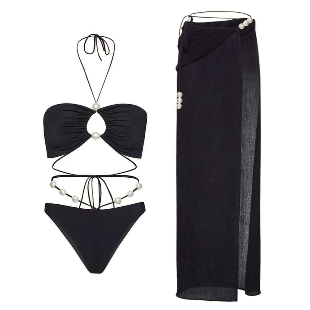 3Pcs Sexy Bikini Set With Cover Up Pearls White Swimsuit Women Halter Swimwear Female Off Shoulder Bathingsuit Biquini Beachwear