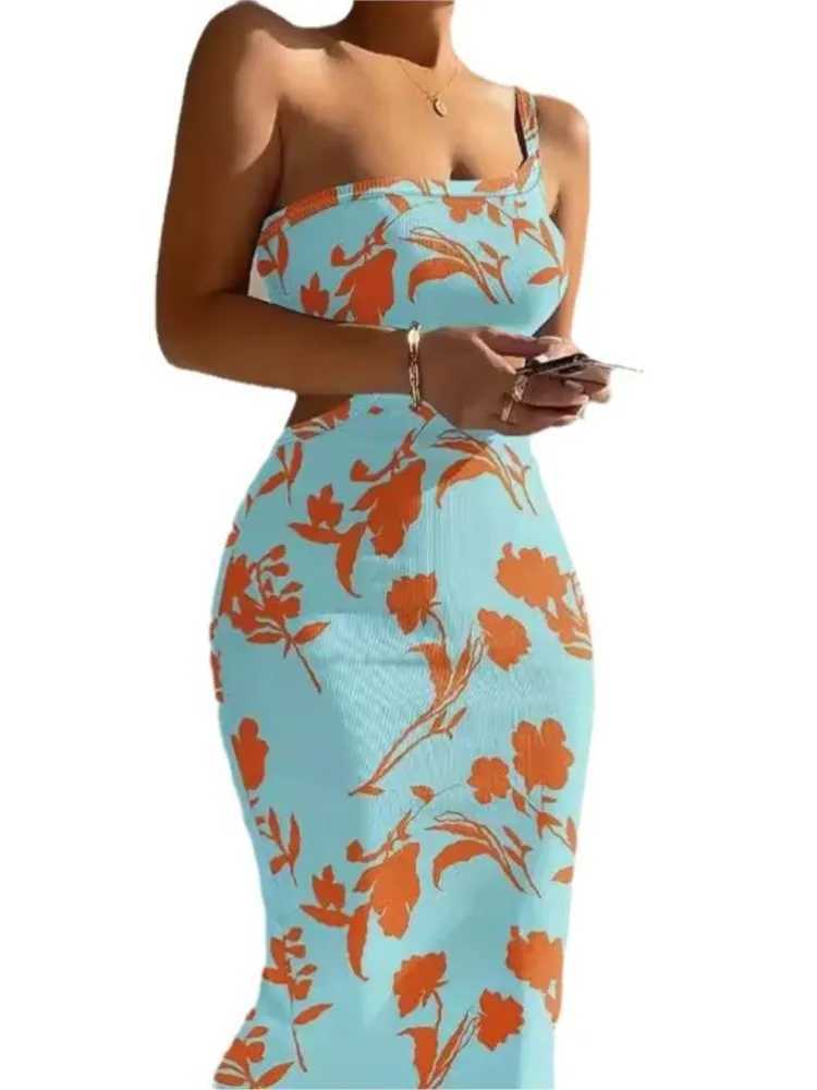 Print One Shoulder Spaghetti Strap Dresses Women Sexy Hollow Out Backless Package Hip Bodycon Dress Fashion Trendy Lady DressesXJ250514