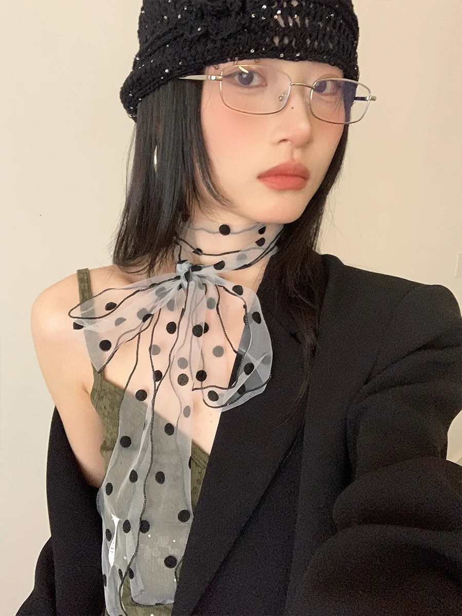 Fashionable Lace Mesh Polka Dot Scarf For Women Summer 2025 Lightweight Sweet Versatile Neck Accessory With Ribbon 250514
