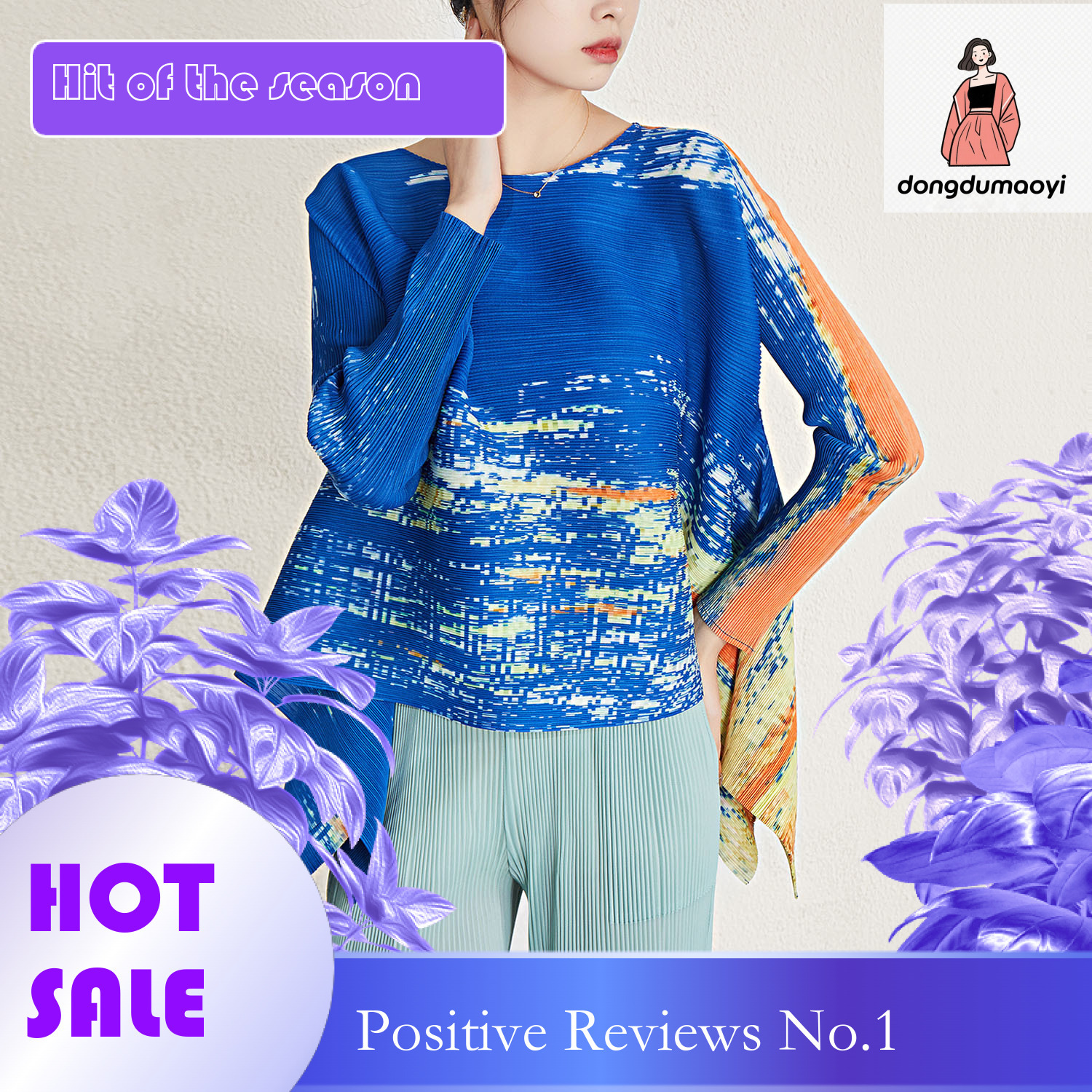 dongdumaoyi Wrinkled top spring new Miyake round neck printed T-shirt loose and slimming, covering the belly women's fashion style