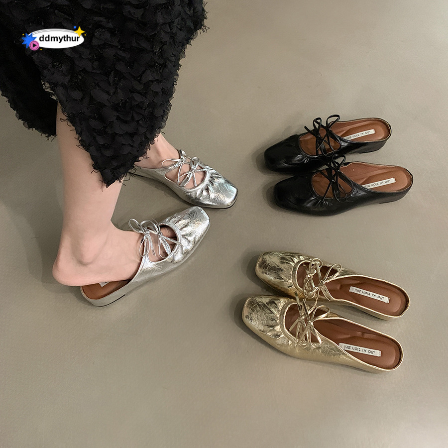 Inner height butterfly bow silver toe cap half drag women's shoes fashionable outer wear 2025 new summer Mary Jane sandals ddmythur