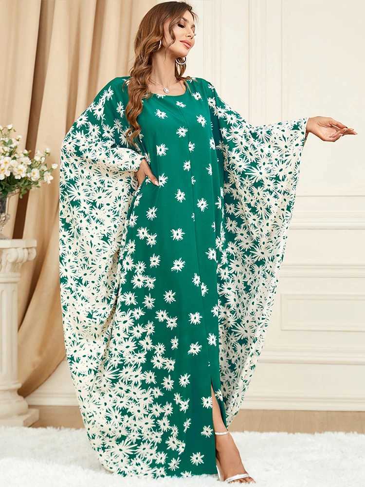 Middle Eastern Muslim clothing grn robe bat slve loose floral dress X250514
