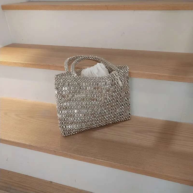 Vintage Handmade Ladies Weave Beaded Fashion Sier Color Shining Sequin Shoulder Bag Clutches Womens Party Handbag
