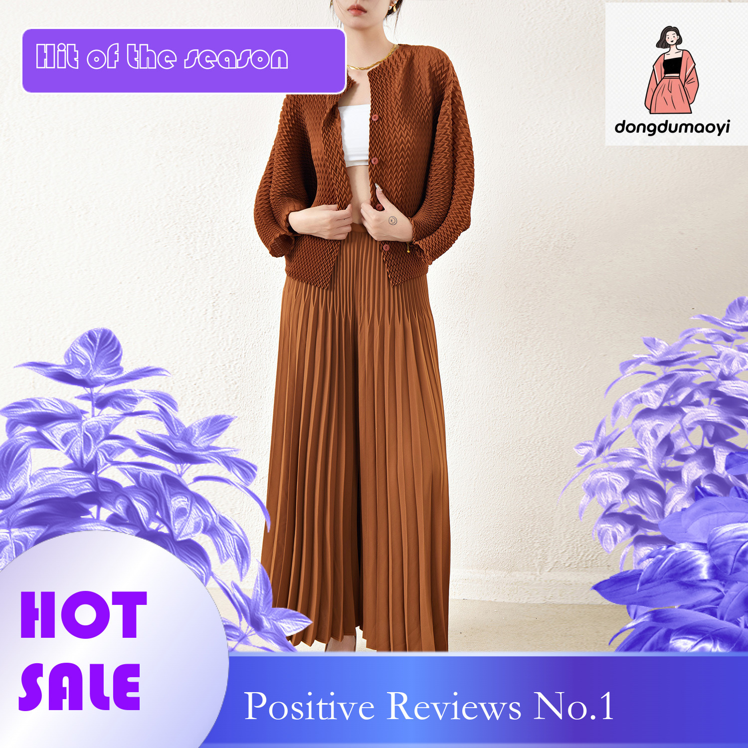 dongdumaoyi Fashion Set for Women's Autumn, with niche design sense, featuring V-shaped bat shaped shirt top and hundred pleated large swing pant