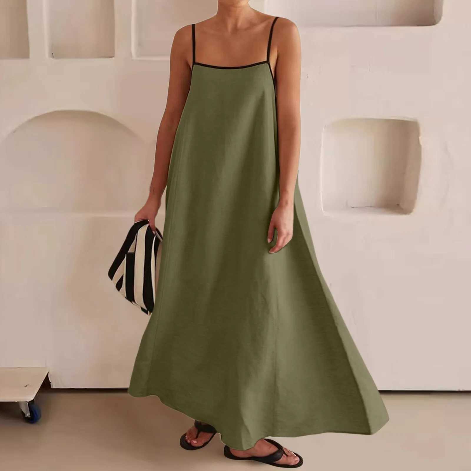 2024 Summer Women Cotton And Linen Maxi Sling Dress Casual Loose Big Hem Solid Vacation Khaki Wihte Sleeveless Dresses Robes Y2KXJ250514