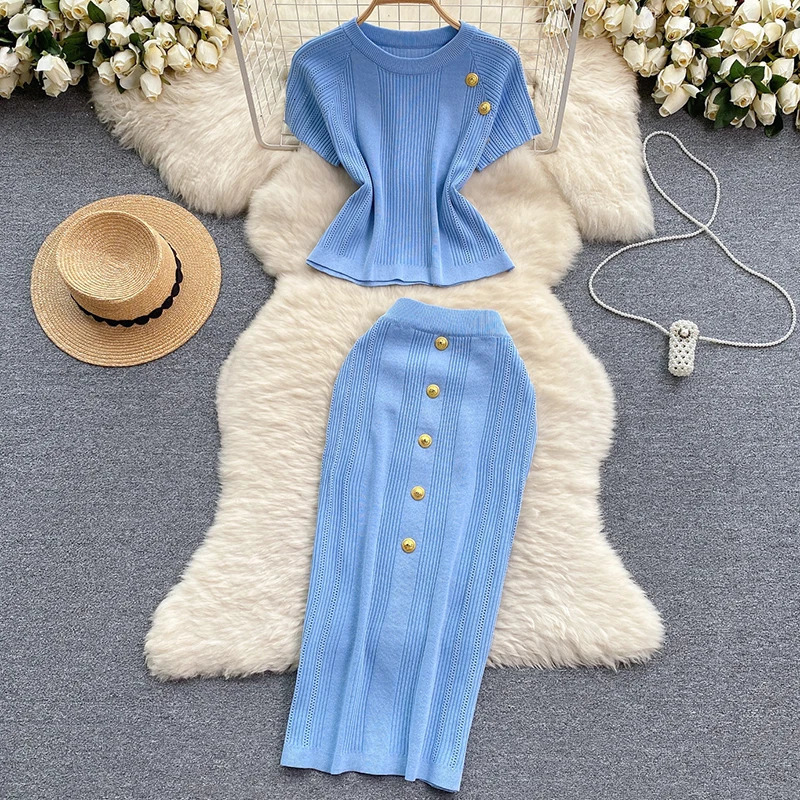 HELIAR Elegant Knitted 2 Piece Sets ONeck Metal Buttons Short Sleeve Top and Elastic Skirts Set Casual Summer Women Outfits 250514