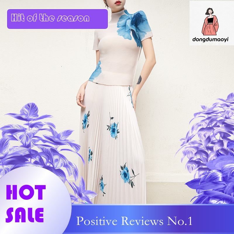 dongdumaoyi Miyake Fashion Set, Women's 2025 Summer New Style, High end Folded Large T-shirt, Top, pleated skirt two-piece set