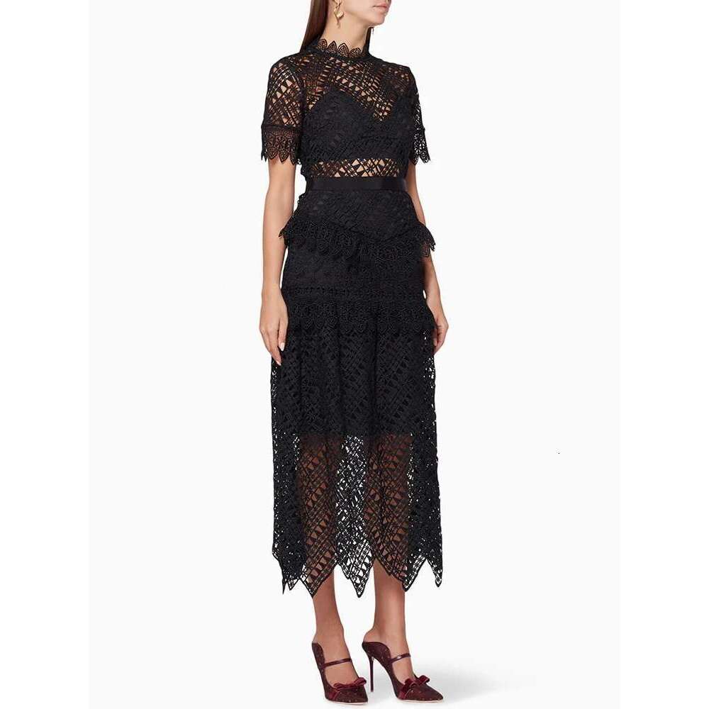 VGH Vintage Lace Irregular Dresses For Women Stand Collar Short Sleeve High Waist Spliced Ruffles Sexy Sheer Folds Dress Female