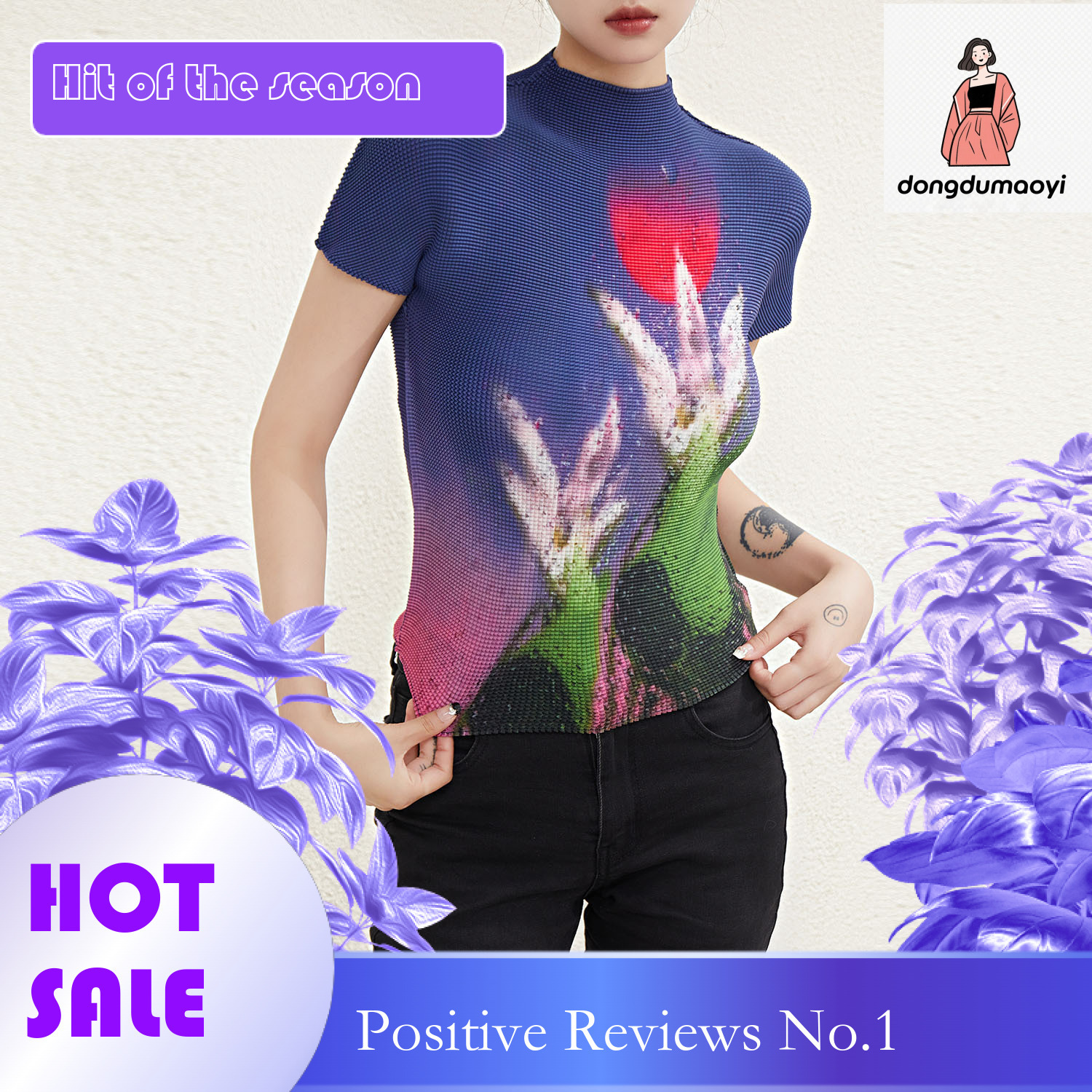 dongdumaoyi Corn pleated short sleeved T-shirt for women in summer 2024, fashionable and age reducing printed slim fit top
