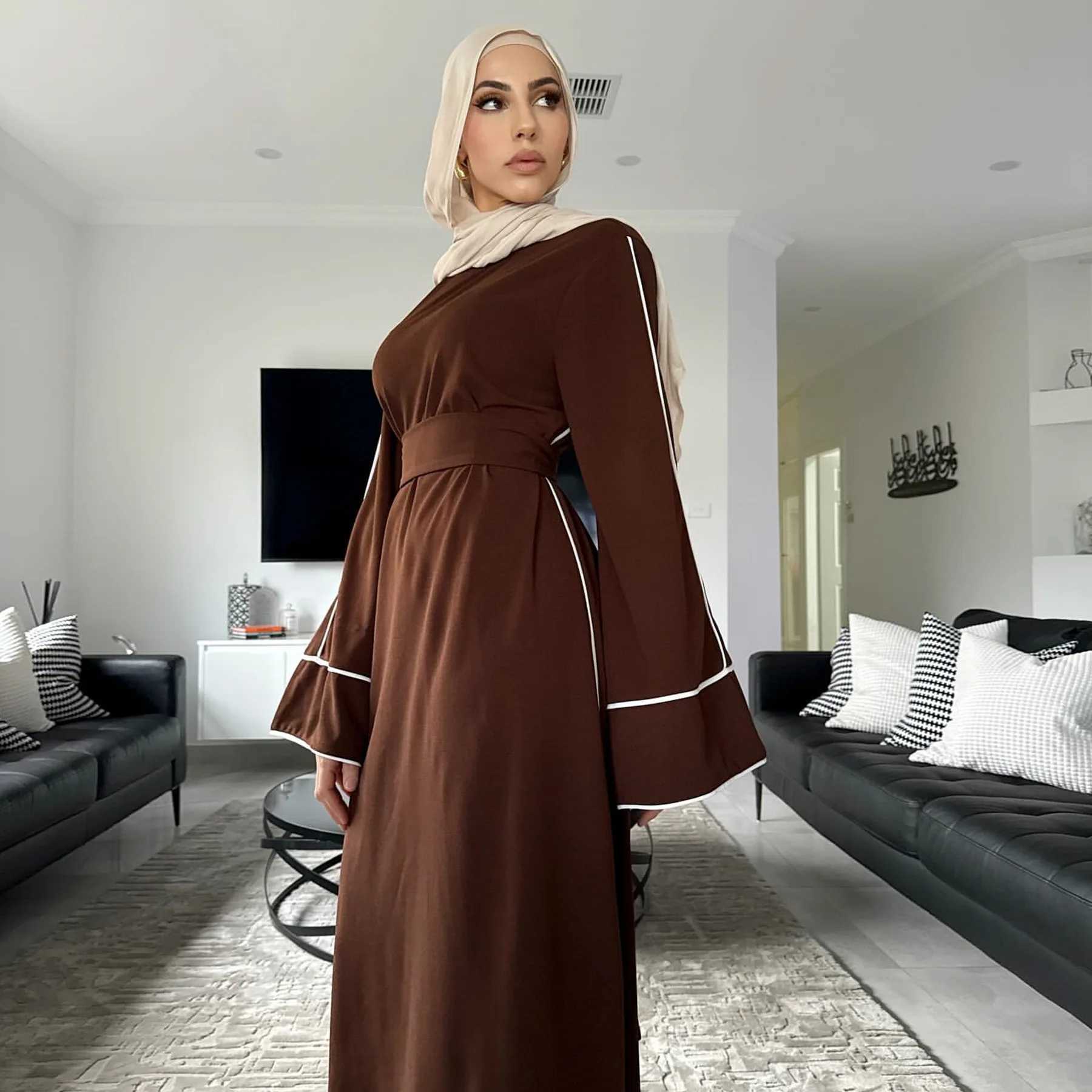 Islamic Brown Muslim Abaya Belted Waist Cuff Design Ideal for Ramadan Celebrations in UAE Dubai and Middle East Daily Modest X250514