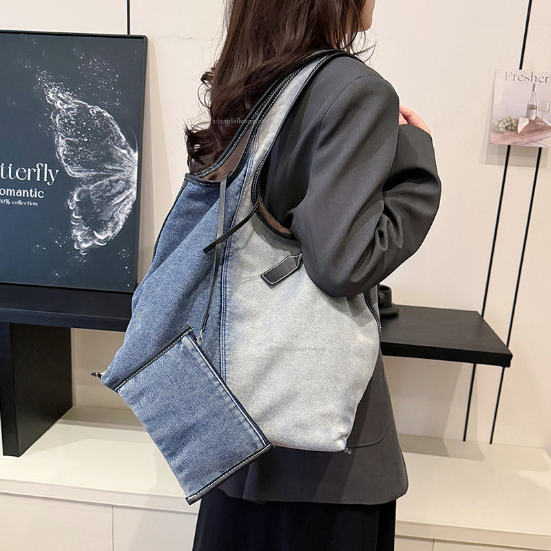 Free Shipping Designer Women's Shoulder Bag Harajuku Comparison Splicing Fashionable Denim Handbag Large Capacity Casual Shopping Bag Vacation Be