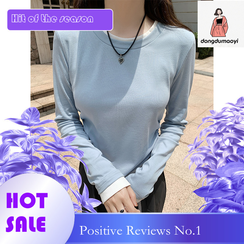 dongdumaoyi 2024 round neck fake two piece T-shirt long sleeved early autumn design sense niche pullover top with bottom layer for women's clothi