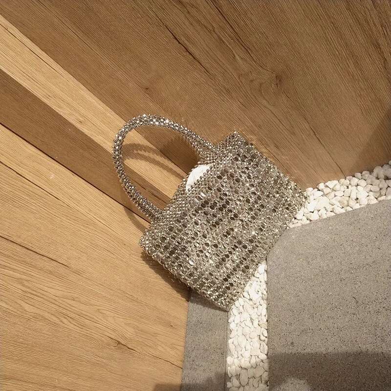 Vintage Handmade Ladies Weave Beaded Fashion Sier Color Shining Sequin Shoulder Bag Clutches Womens Party Handbag