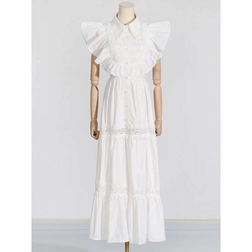 VGH Solid Patchwork Lace Elegant Dresses For Women Lapel Flying Sleeve High Waist Sliced Single Breasted Dress Female Fashion