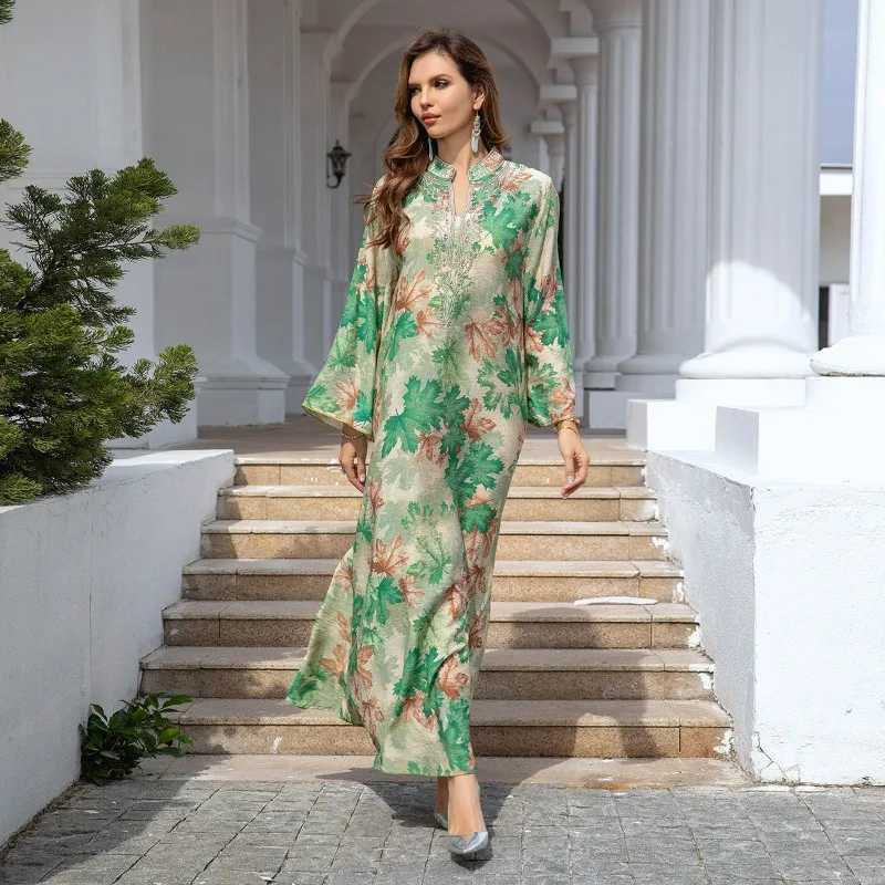 Summer Floral Printed Arabic Dubai Dress For Women Grn Ramadan Eid Fashion Muslim Moroccan Kaftan Turkey Islamic Clothing X250514