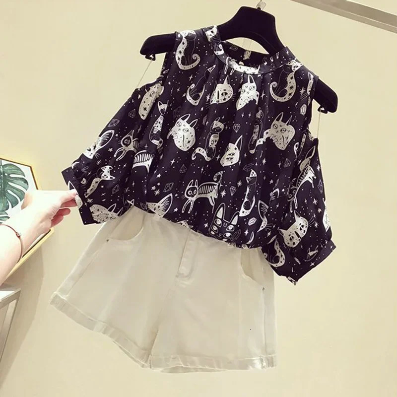 Cat Cartoon Print Chiffon Vintage ONeck Short Sleeve Loose Womens Blouse Shirt Korean Fashion Female Clothing Tops Summer 250514