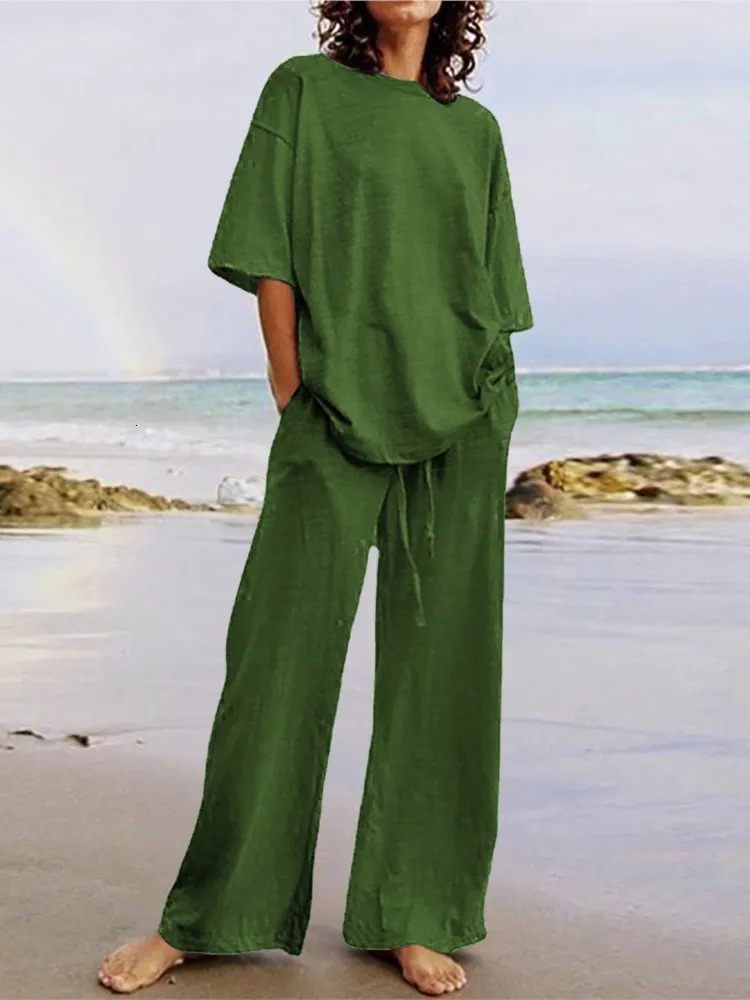 Summer Fashion Womens Two Piece Casual Belt Pocket Set Half Sleeve O-Neck Top And Strap Wide Leg Pants Set 250513