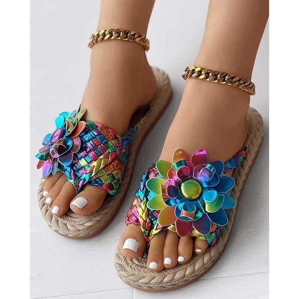 Women Fashion Casual Shoes Flat Vacation Holiday Holographic Braided ral Pattern Toe Post Beach Flip ps