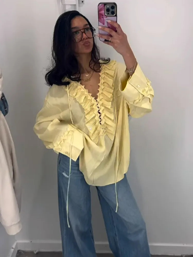 Ruffles Full Sleeve Chiffon Solid Shirt Women Casual Loose V Neck Yellow High Street Blouses 2025 Spring Summer Holiday Tops 250513