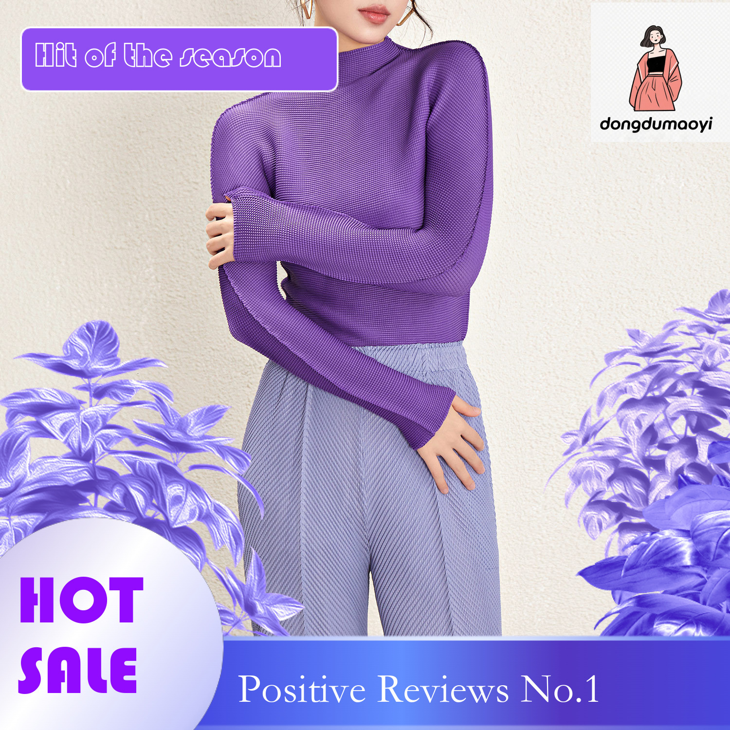 dongdumaoyi Miyake Me series pleated semi high neck long sleeved top T-shirt spring, slim fit and slimming, solid color base shirt for women