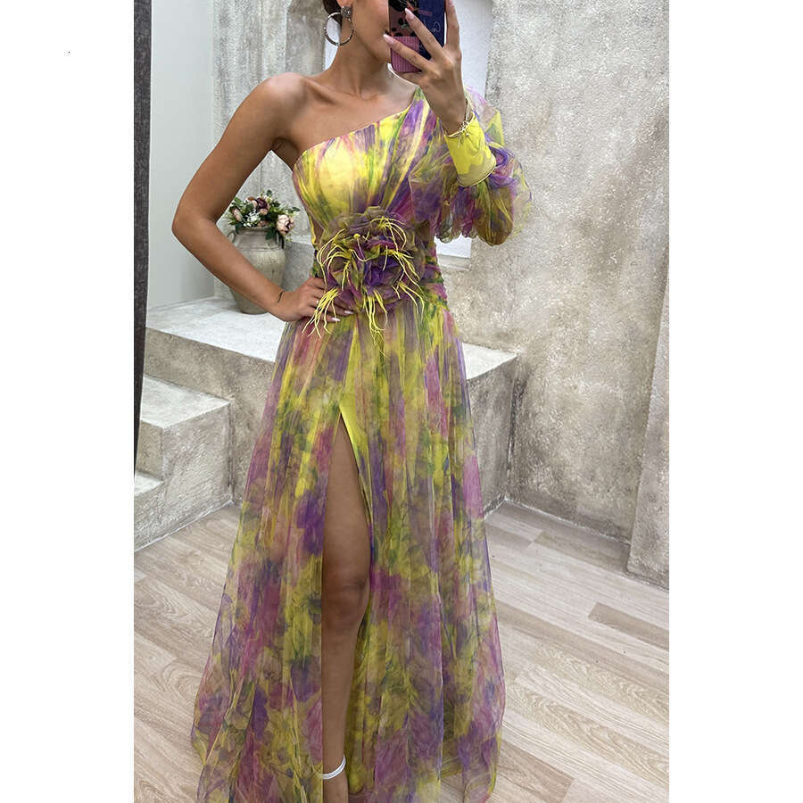 Women Clothes Dress New Party Mesh Oblique Shoulder INS Casual Fashion Dress Women KQ