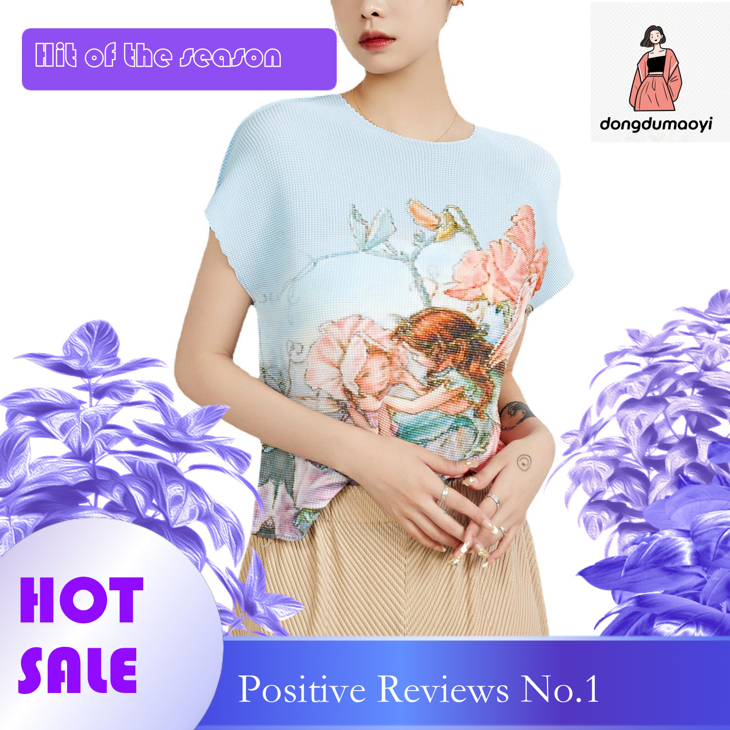 dongdumaoyi Miyake summer new loose plus size slimming T-shirt printed base shirt versatile pleated short sleeved round neck top for women