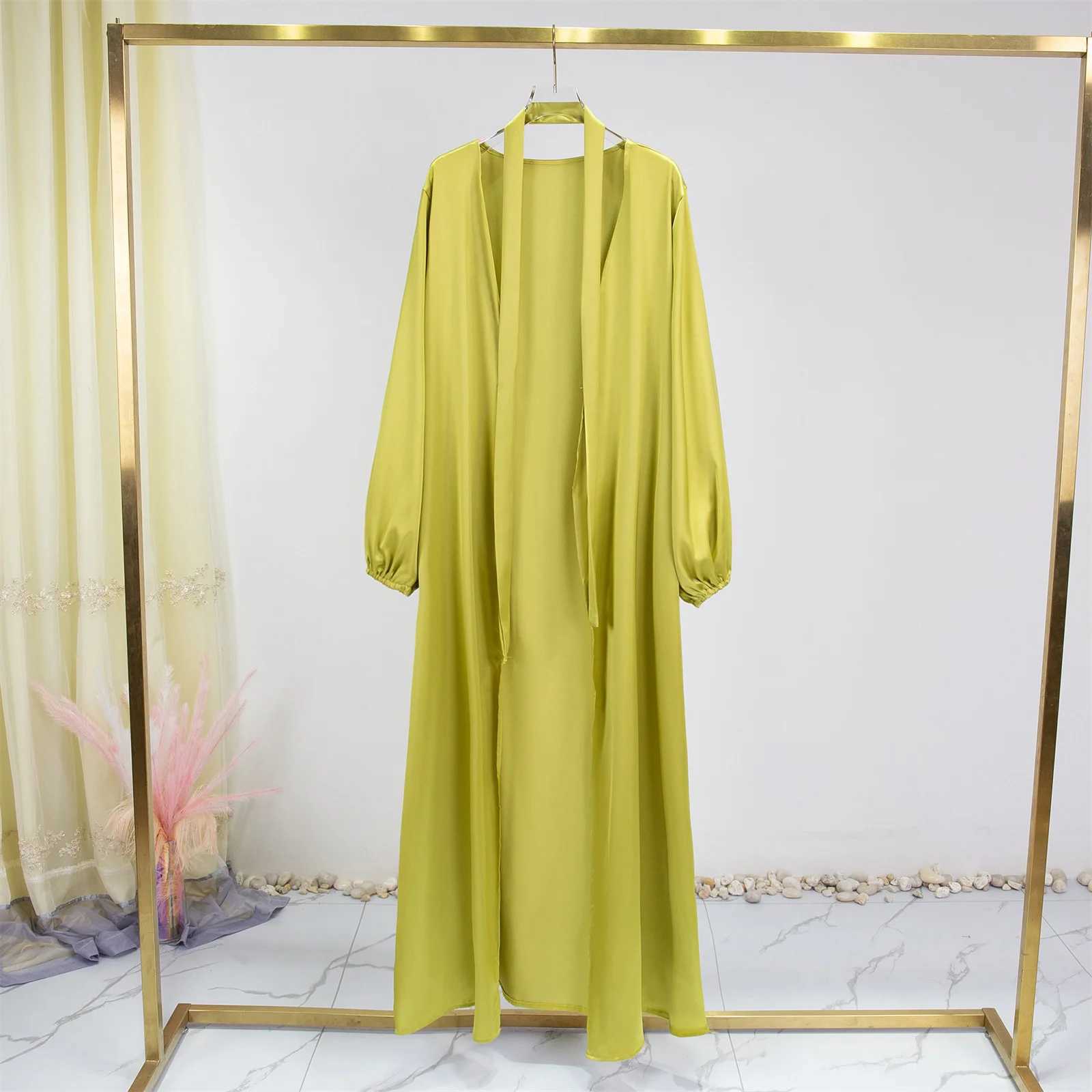 Women Abayas Muslim Kaftan Puff Slves Lace-up Maxi Length Ramadan Dresses Jilbabs Open Front Abayas Outwear Cardigan Coats X2505141