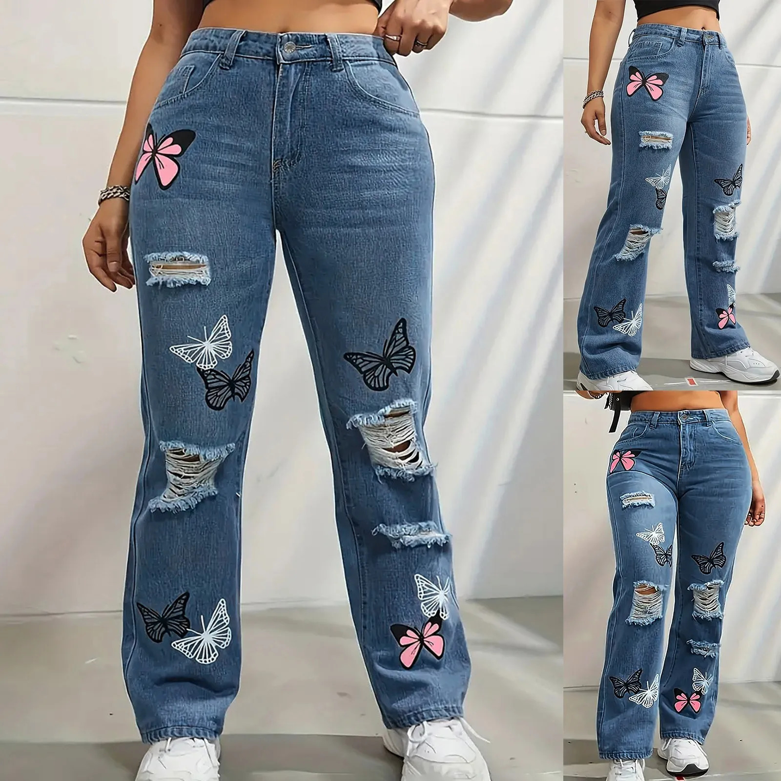 Oversized womens jeans boyfriend Plus high waist wide leg blue mens perforated 250530