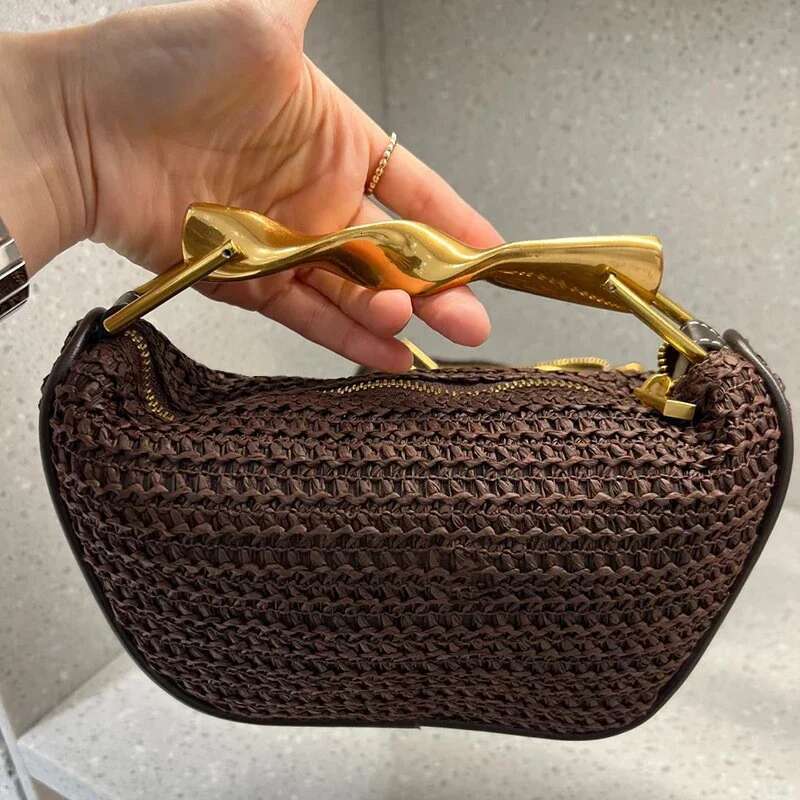 Summer Rattan Woven Crossbody Shoulder Bag,Half-Moon Beach Tote Bag,Women Designer Purse,Casual Metal Handle Straw Handbag