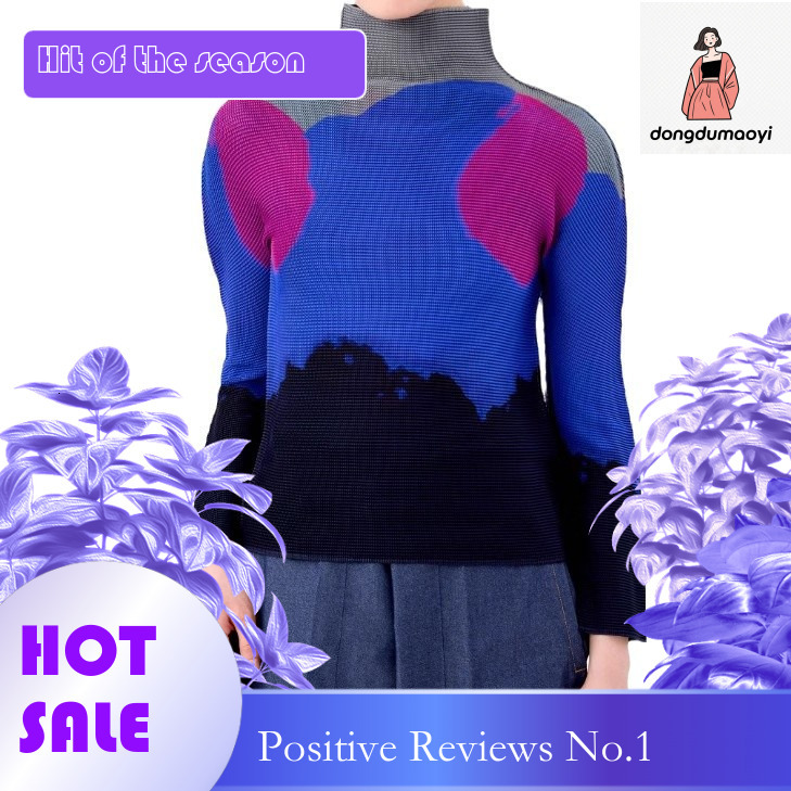dongdumaoyi Miyake counter me series long sleeved T-shirt women in spring, semi high neck slim fit pleated top for women, thin base shirt