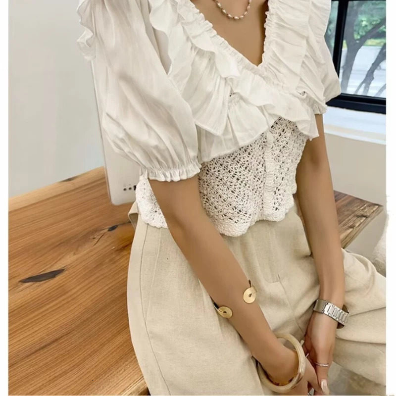 REALEFT Spring Summer Hollow Out Lace Crochet Womens Blouses Short Sleeve Ruffles Vneck Casual Shirts Top for 250514