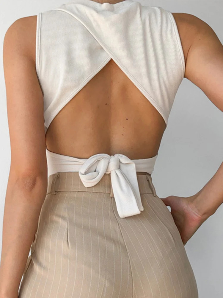 Sexy backless vest bandage slim crop top 2024 summer casual streetwear pure cotton soft Chris 250506