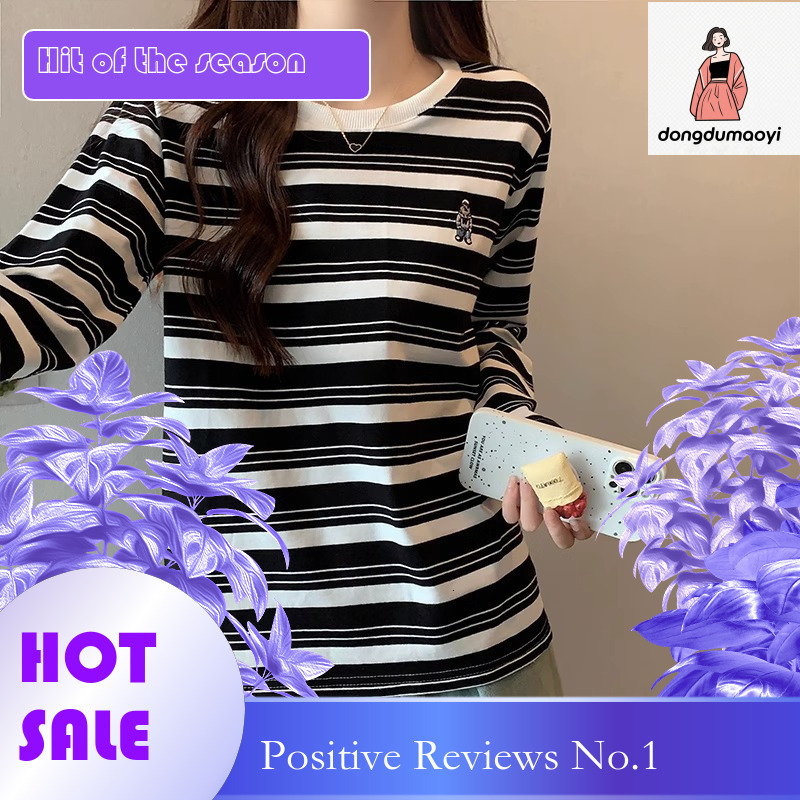 dongdumaoyi Round neck pullover striped T-shirt for women autumn 2024 long sleeved design with a minimalist style embroidered base top