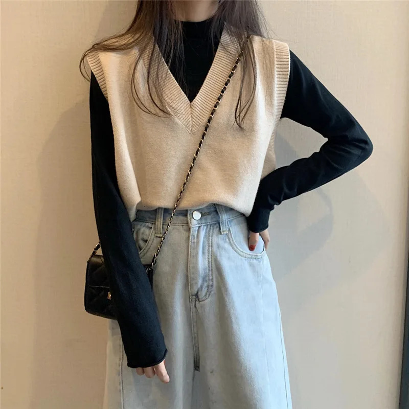 Women Knitted Sweater Vest Spring Autumn Short Loose Vintage Sleeveless Girls VNeck Pullover Tops Female Outerwear 250506