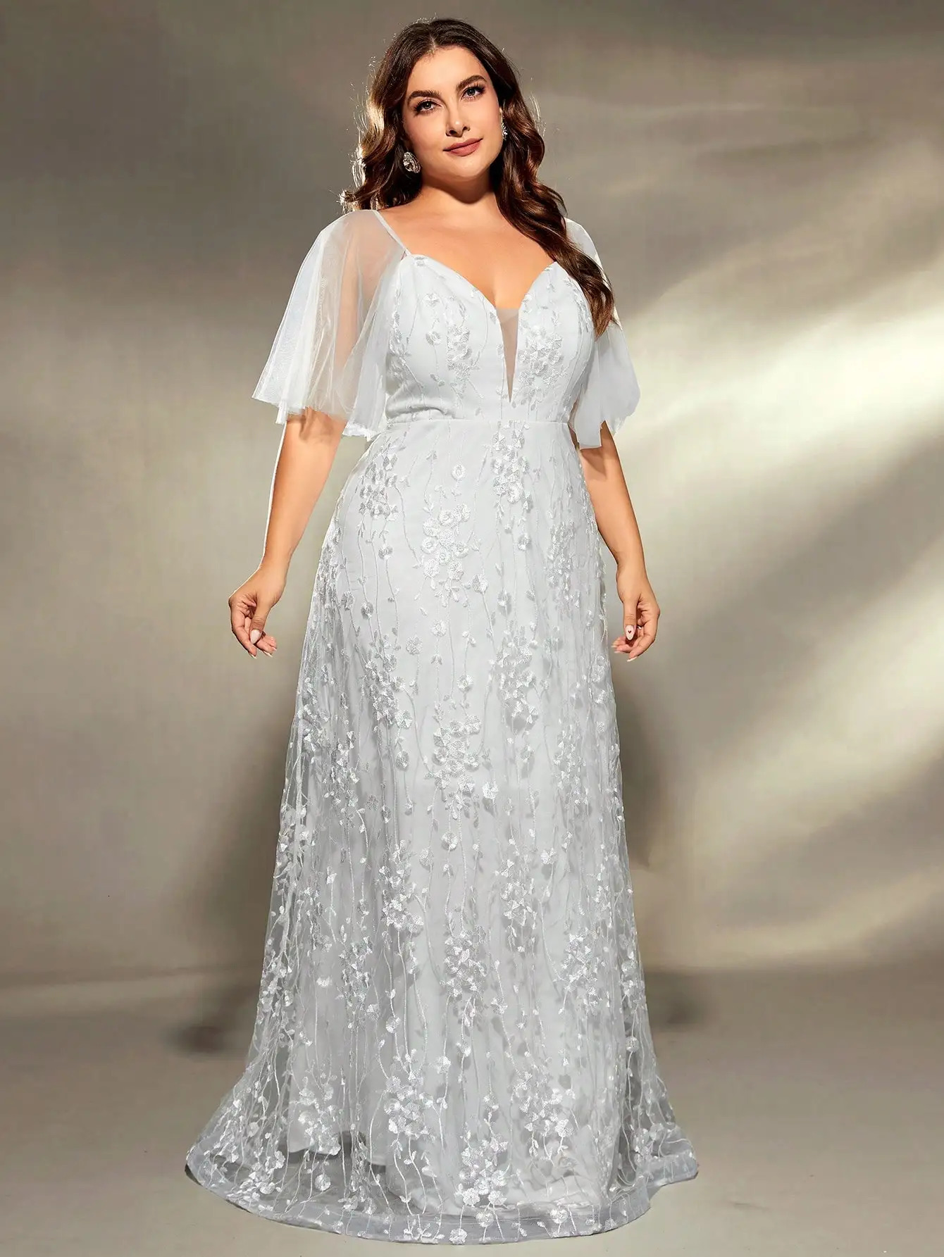 Mgiacy plus size Vneck gauze large trumpet sleeve patchwork embroidered lace A set wedding dress PROM Party 250506