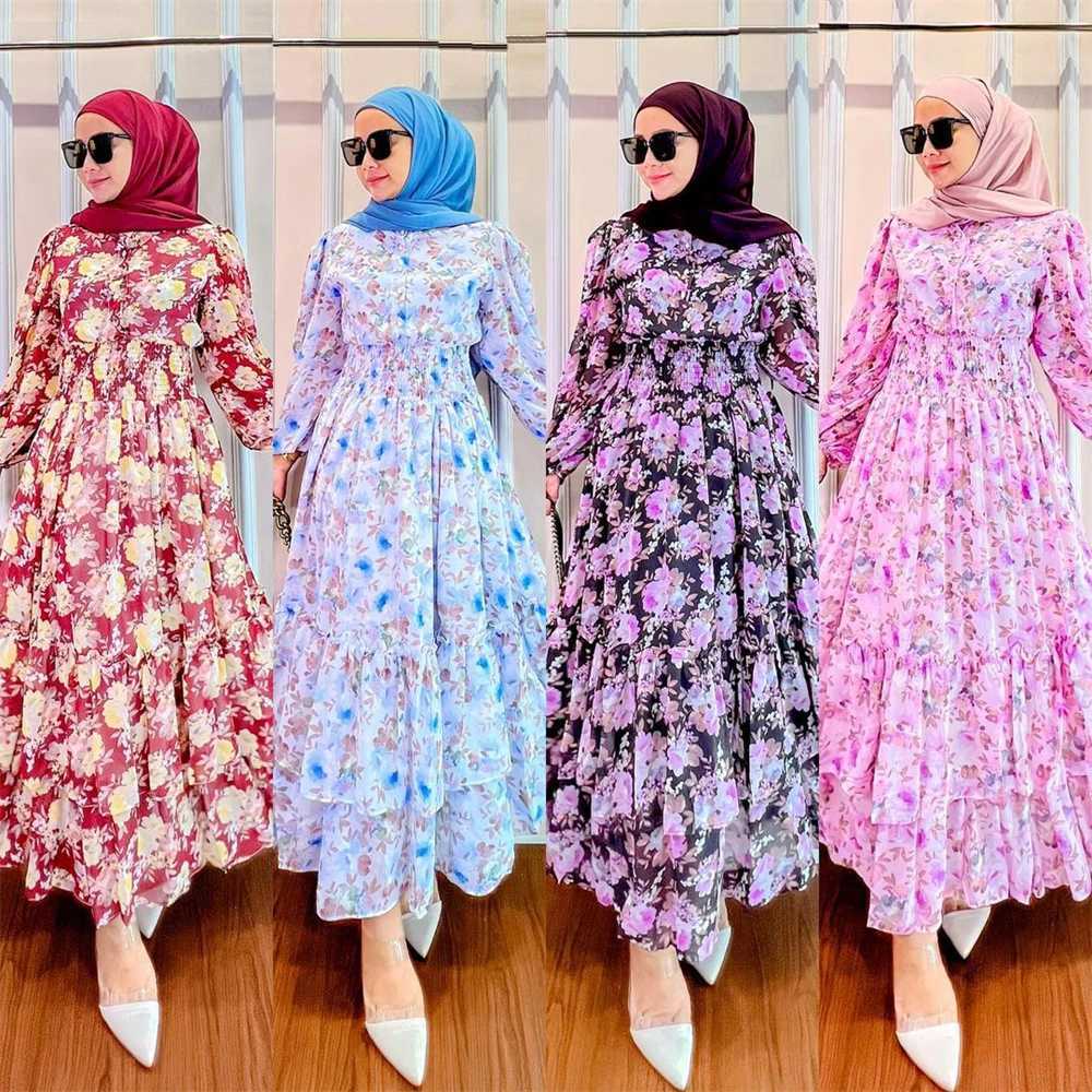New Fashion Women Print Floral Maxi Dress Chiffon Ruffles Party Gown Muslim Abaya Dubai Kaftan Turkay Robe Eid Ramadan Jalabiya X250514
