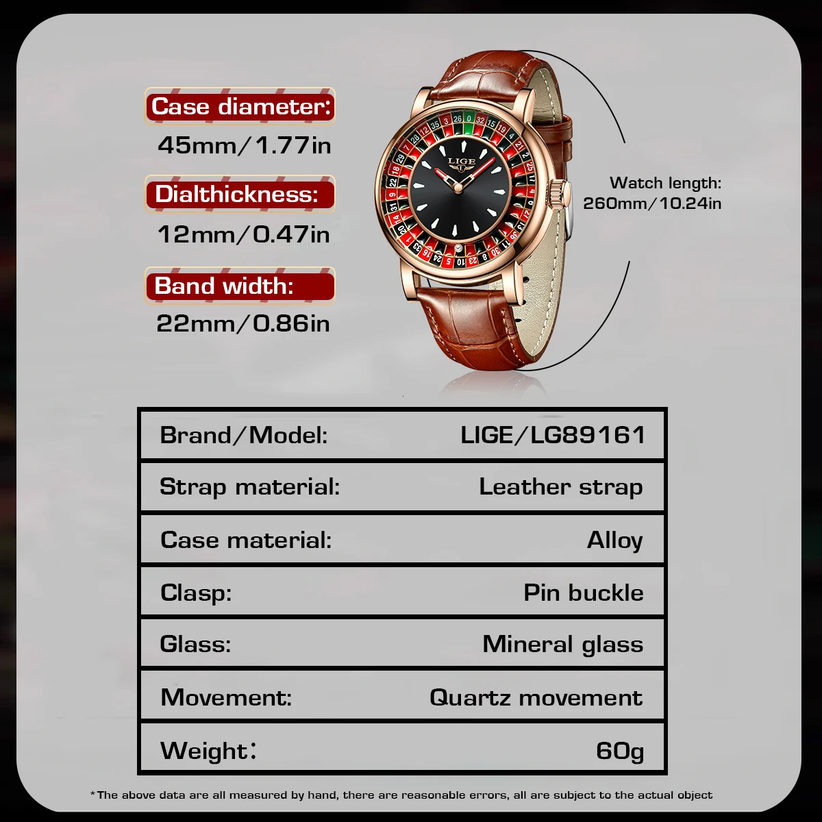 LIGE Fashion Brown Leather Men Watch Rotating Dial Las Vegas Roulette Desktop Theme Waterproof Luminous Clock Watches 250509