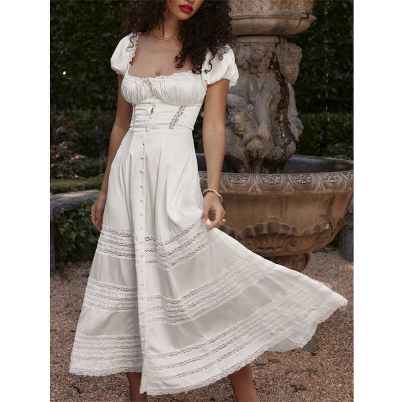 Women Long White Elegant Short Sleeve Square Neck See-through Patchwork Swing Summer Casual Dress
