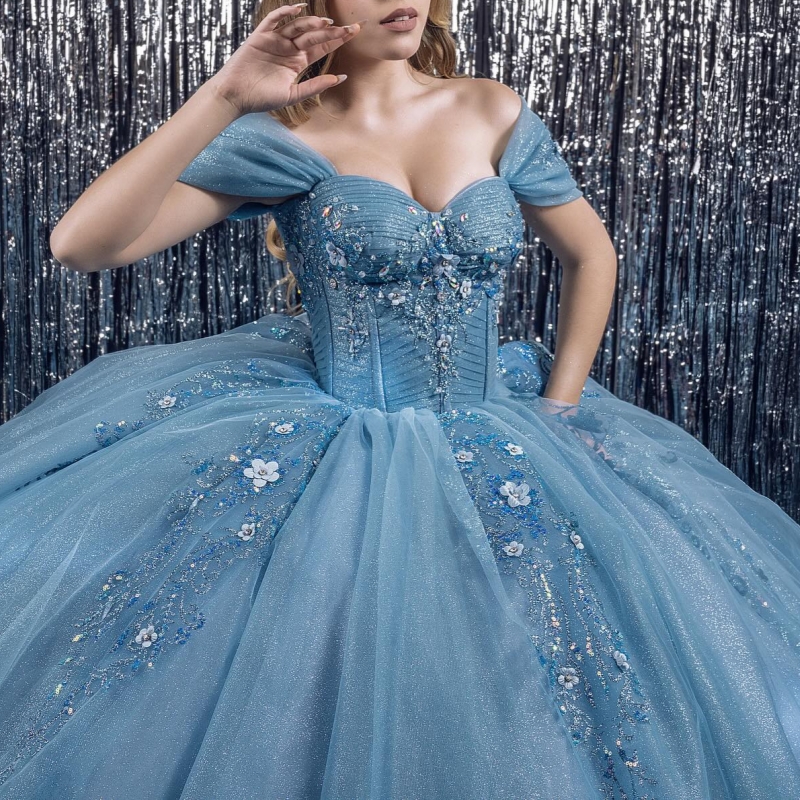 Blue Shiny Quinceanera Dresses Off Shoulder Ball Gown Sweet 16 Dress Beading Crystal Flower Tull Birthday Party Vestidos 15 De Anos